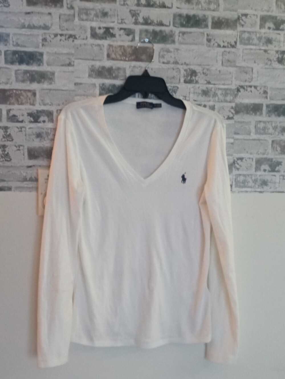 Ralph Lauren Cream V-Neck Long Sleeve Top with Navy Pony